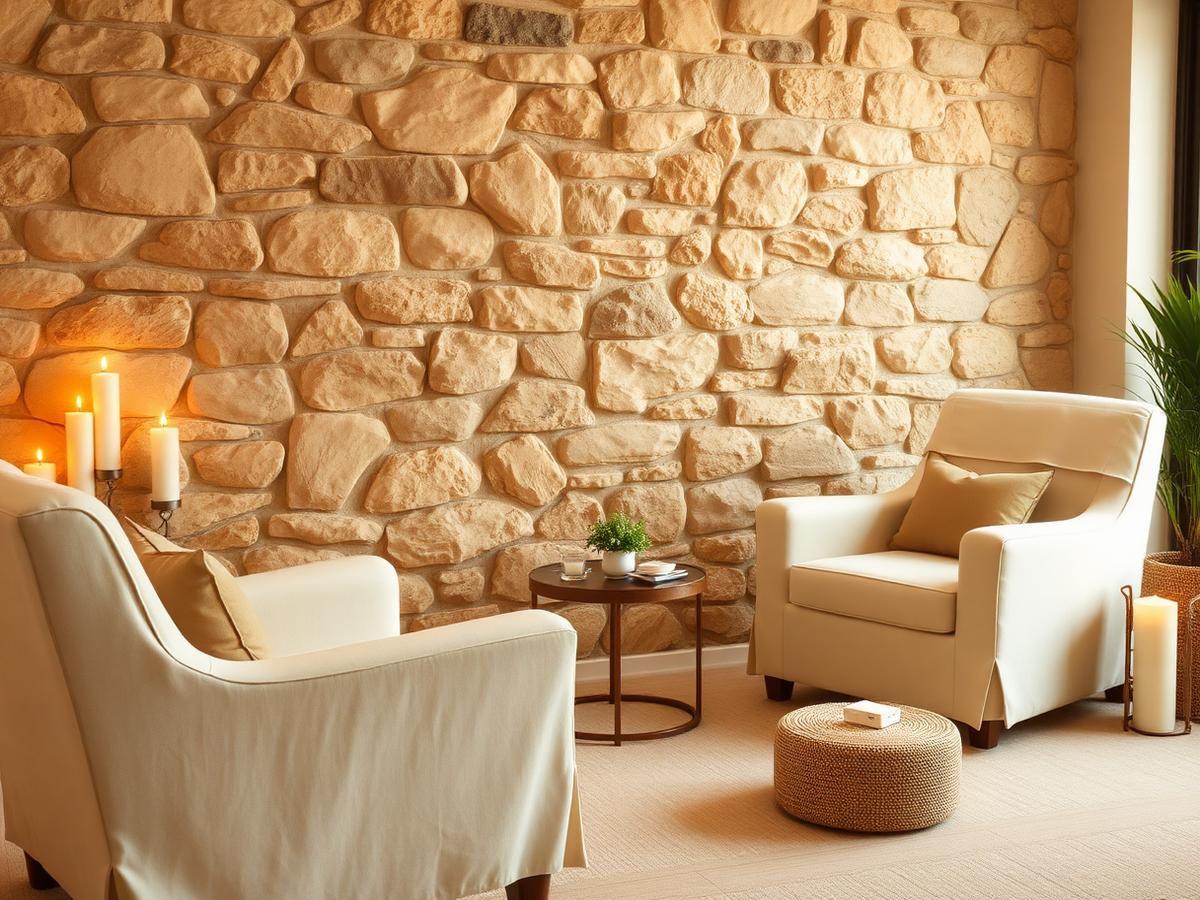 Relaxation lounge with linen armchairs, candles, and greenery beside a warm stone wall